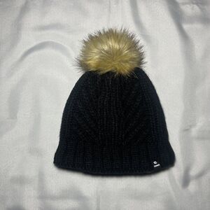 Womens Chaos Beanie Black Fleece Lined Faux Fur Pom Hat One Size Knit Watch Cap